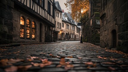A serene cobblestone street lined with historic buildings and autumn leaves.