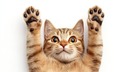 Cat giving high five, upward angle, lifelike texture, playful mood, isolated on white background