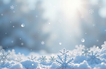 Naklejka premium Postcard with beautiful snowflakes, Christmas postcard, seasonal snowfall, snowstorm in cold winter day, frosty weather, space for text, blurred background