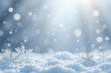 Postcard with beautiful snowflakes, Christmas postcard, seasonal snowfall, snowstorm in cold winter day, frosty weather, space for text, blurred background