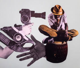 Collage, man being filmed with vintage camera