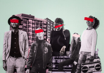 People in front of apartment buildings collage