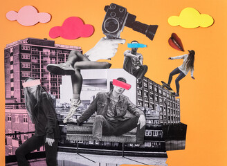 Young people amongst urban environment collage