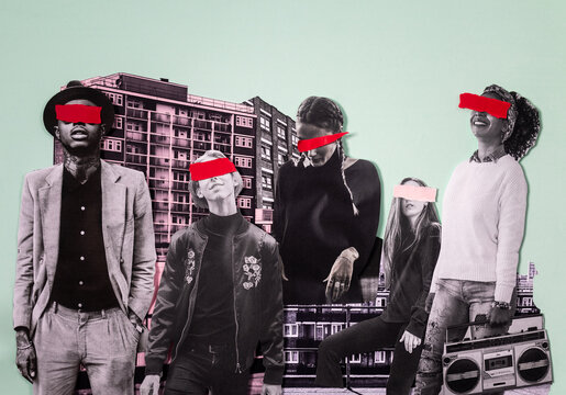 People in front of apartment buildings collage