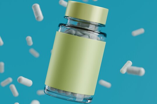 Floating Supplement Bottle with Capsules Against a Blue Background