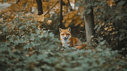 A fox resting in a lush, autumn forest surrounded by colorful foliage.