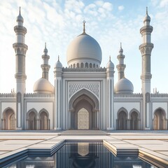 Obraz premium Grand white mosque exterior design. Islamic architecture with detailed arabesque patterns. Modern mosque with calm, serene atmosphere. Beautiful courtyard features reflecting pool. Architectural