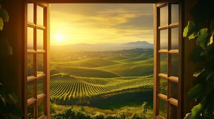 Fototapeta premium View from window at a wonderful landscape nature view with southern landscape with cypress trees and sun-drenched fields