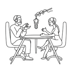 Graphic illustration of people recording a podcast or live streaming.Bearded man and young woman talking to each other while sitting at table with microphone.Vector black line drawn design on white.
