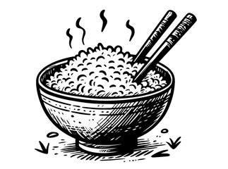 hand-drawn steaming rice in traditional bowl – black vector