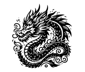 mythical asian dragon design in monochrome black vector drawing