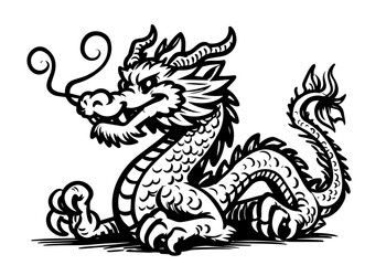 mythical asian dragon design in monochrome black vector drawing