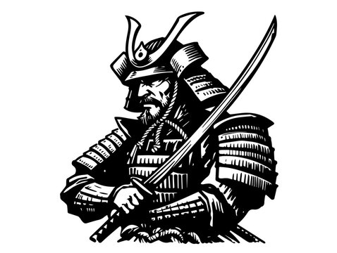 samurai warrior with sword in traditional ink sketch black vector