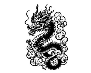 monochrome illustration of a chinese dragon in the sky