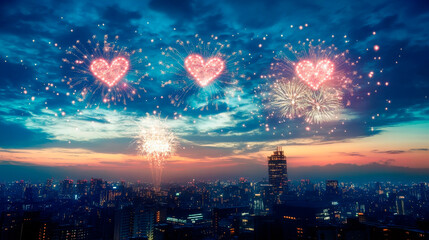 Fototapeta premium Heart Fireworks in Night Skyline