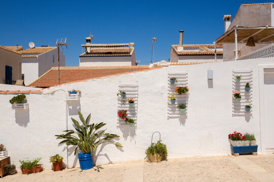 Cute white wall with flower pots hanging in Tabarca Island, Alicante.