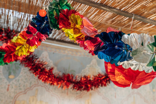 Colorful Festive Garland Hanging In Sukkah For Sukkot