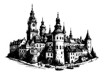 european heritage city with historic buildings black vector design