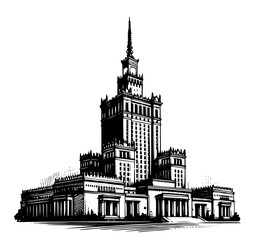 Fototapeta premium palace of culture and science in hand-drawn black vector illustration