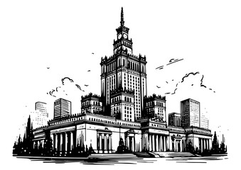Fototapeta premium hand-drawn palace of culture with surrounding skyscrapers black vector design