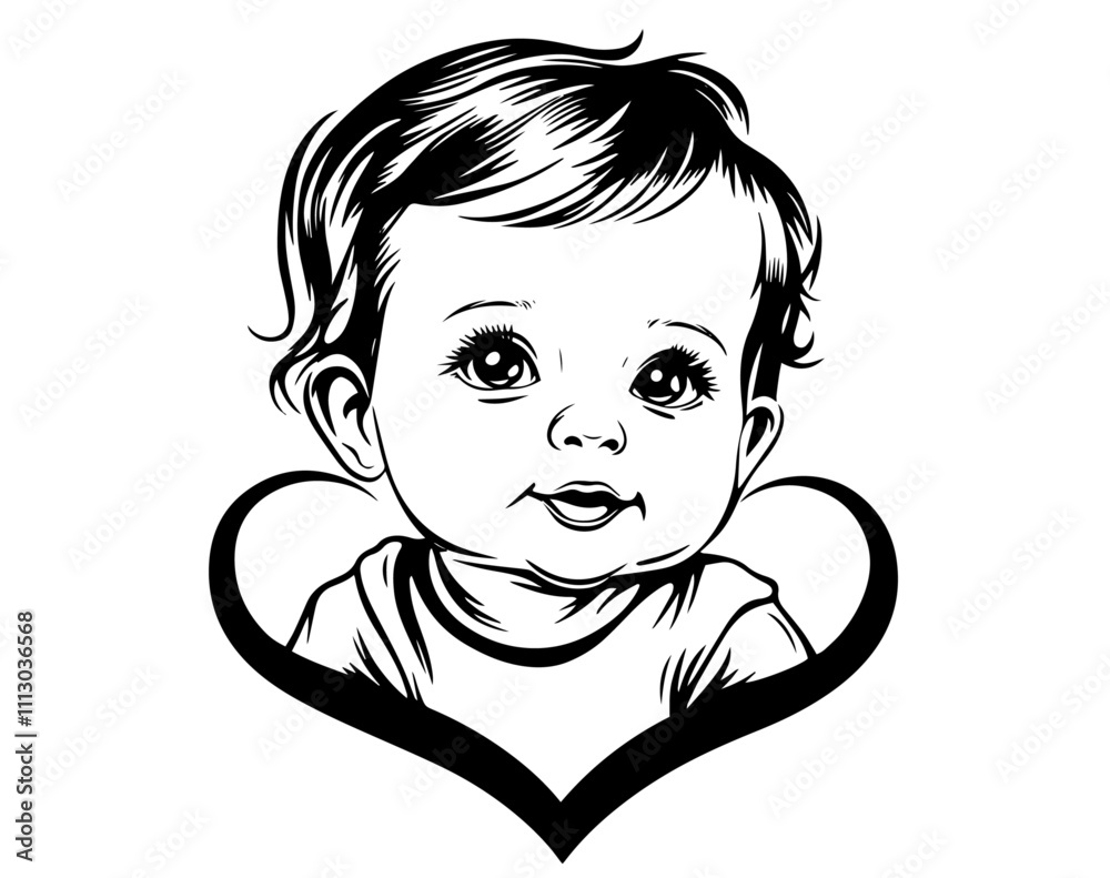 Wall mural expressive baby face and heart in hand-drawn art black vector