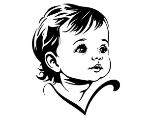 expressive baby face and heart in hand-drawn art black vector