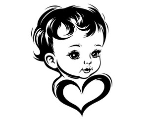 expressive baby face and heart in hand-drawn art black vector