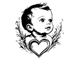 adorable baby portrait with heart in hand-drawn style black vecto