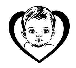 cute baby portrait in heart outline, hand-drawn line art