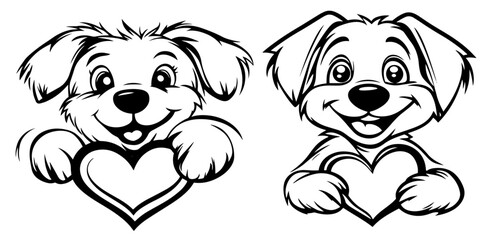 cute puppy holding a heart in hand-drawn black vector illustration