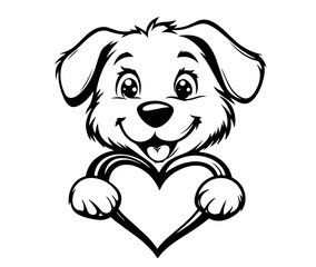 cute puppy holding a heart in hand-drawn black vector illustration