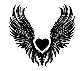 heart with angel wings in hand-drawn black vector illustration