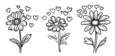 nature-inspired flower art with whimsical hearts – black vector set