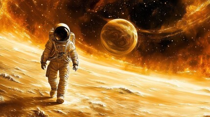 Obraz premium An astronaut walking on a golden surface with a distant planet in a cosmic landscape.