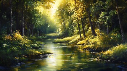 Fototapeta premium Sunlit Forest Stream A Serene Woodland Scene