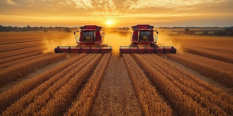 Obraz premium Two red farm harvesters work in golden wheat field at sunset. Machines move efficiently through rows. Golden hour sky creates beautiful backdrop to harvesting scene. Scene evokes images of hard work,