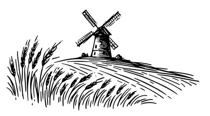 monochrome sketch of a windmill with wheat field and distant farmhouses © Luka