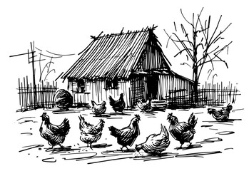 black and white illustration of chickens near a farmhouse © Luka