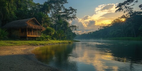Fototapeta premium Sunrise over Amazon river. Beautiful river scene. Rich green jungle, simple hut visible on riverbank. Calm water reflects sunrise colors. Tranquil natural eco scene. Vacation destination. Eco