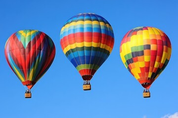 Fototapeta premium Trzy kolorowe balony na ogrzane powietrze unoszące się na błękitnym niebie