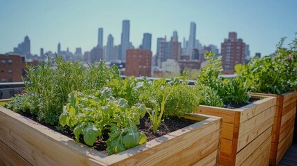 Fototapeta premium Growing vegetables in raised garden beds on urban rooftop farm with city skyline view