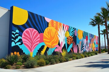 Large colorful mural with tropical plants design adorning a building wall