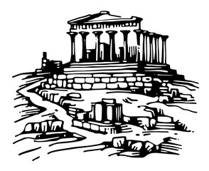 Obraz premium historic temple and ruins in monochrome sketch black vector design