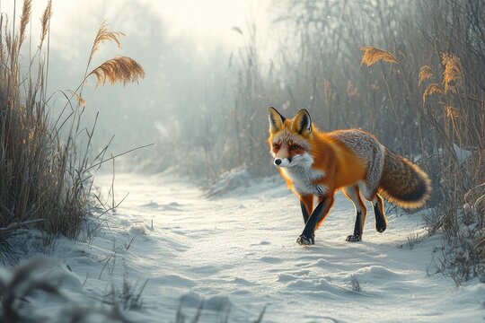 Red fox walking on snowy path in winter landscape