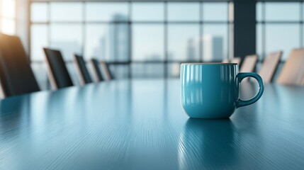 Close-up of a coffee cup on a modern conference table, blurred background of business meeting, perfect for business-related copy space