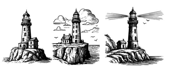 coastal lighthouse with vintage sketch style