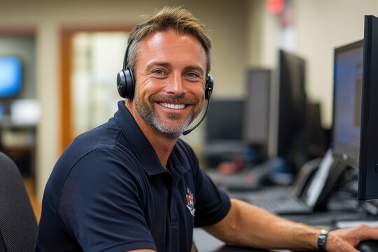 Smiling dispatcher wearing headset working at computer in dispatch center