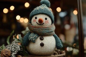 Smiling knitted snowman wearing teal hat and scarf with bokeh lights