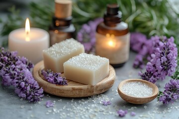 Natural lavender soap with bath salt and lit candles creating relaxing spa ambiance