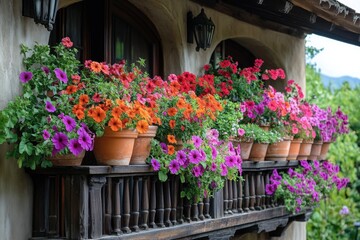 Obraz premium Colorful petunia flowers blooming on balcony of traditional house